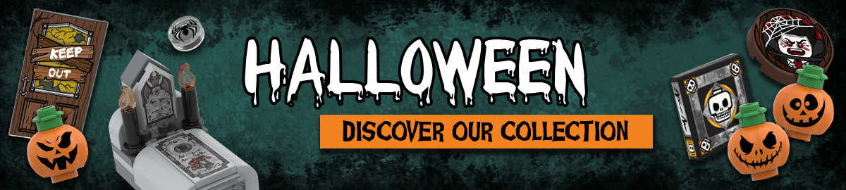 Halloween - Discover our collection of customized pieces Briquestore.fr: Decorated pumpkin, Keep out door, tomb, portrait of Dracula, Lego spider, ...